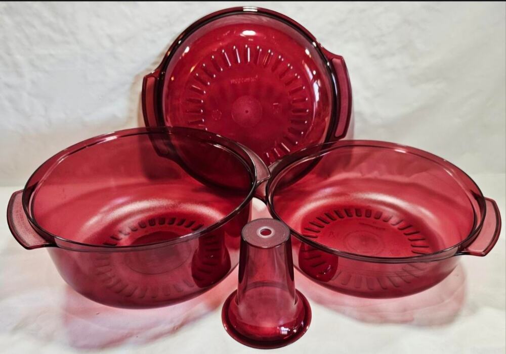 Vintage Tupperware TupperWave Stack Cooker 4 Piece Set Cranberry Red 3qt, 1.75qt